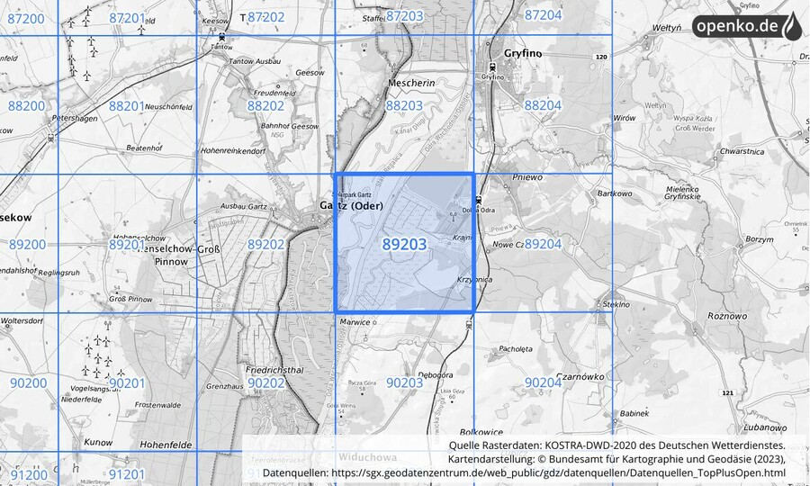 Übersichtskarte des KOSTRA-DWD-2020-Rasterfeldes Nr. 89203