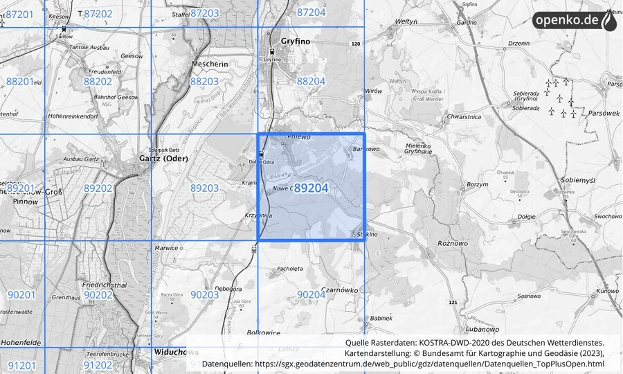 Übersichtskarte des KOSTRA-DWD-2020-Rasterfeldes Nr. 89204