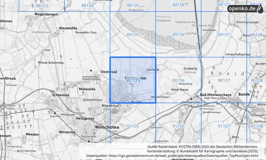 Übersichtskarte des KOSTRA-DWD-2020-Rasterfeldes Nr. 90105