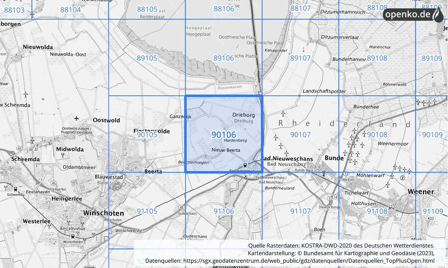 Übersichtskarte des KOSTRA-DWD-2020-Rasterfeldes Nr. 90106