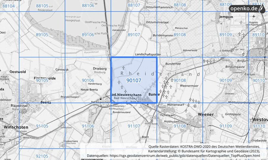 Übersichtskarte des KOSTRA-DWD-2020-Rasterfeldes Nr. 90107