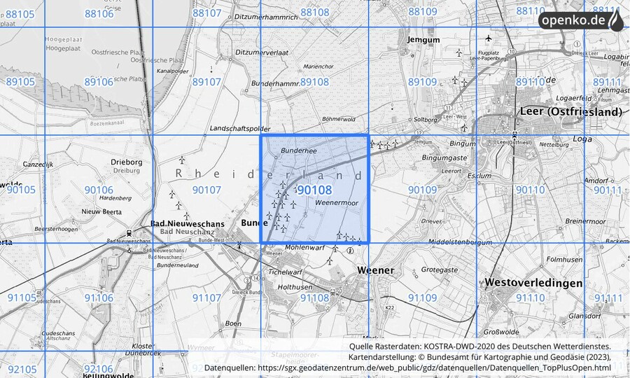 Übersichtskarte des KOSTRA-DWD-2020-Rasterfeldes Nr. 90108