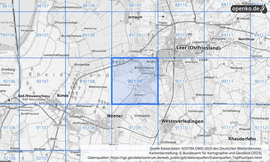 Übersichtskarte des KOSTRA-DWD-2020-Rasterfeldes Nr. 90109