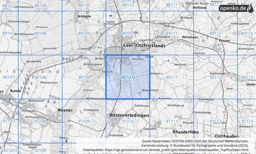 Übersichtskarte des KOSTRA-DWD-2020-Rasterfeldes Nr. 90110