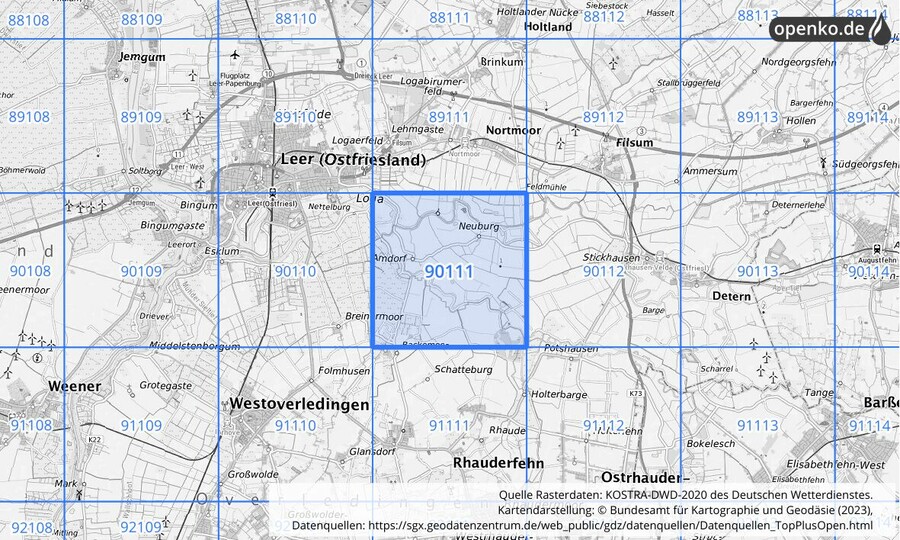 Übersichtskarte des KOSTRA-DWD-2020-Rasterfeldes Nr. 90111