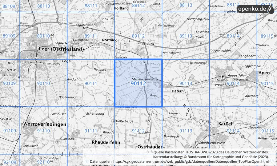 Übersichtskarte des KOSTRA-DWD-2020-Rasterfeldes Nr. 90112