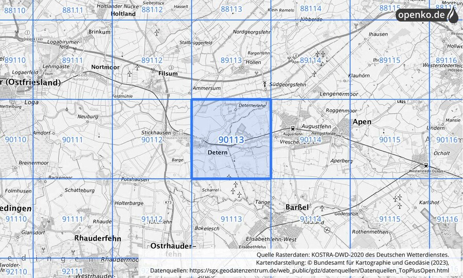 Übersichtskarte des KOSTRA-DWD-2020-Rasterfeldes Nr. 90113