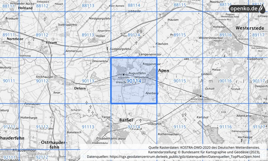 Übersichtskarte des KOSTRA-DWD-2020-Rasterfeldes Nr. 90114