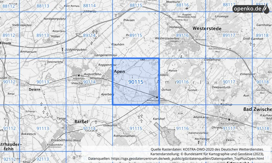 Übersichtskarte des KOSTRA-DWD-2020-Rasterfeldes Nr. 90115