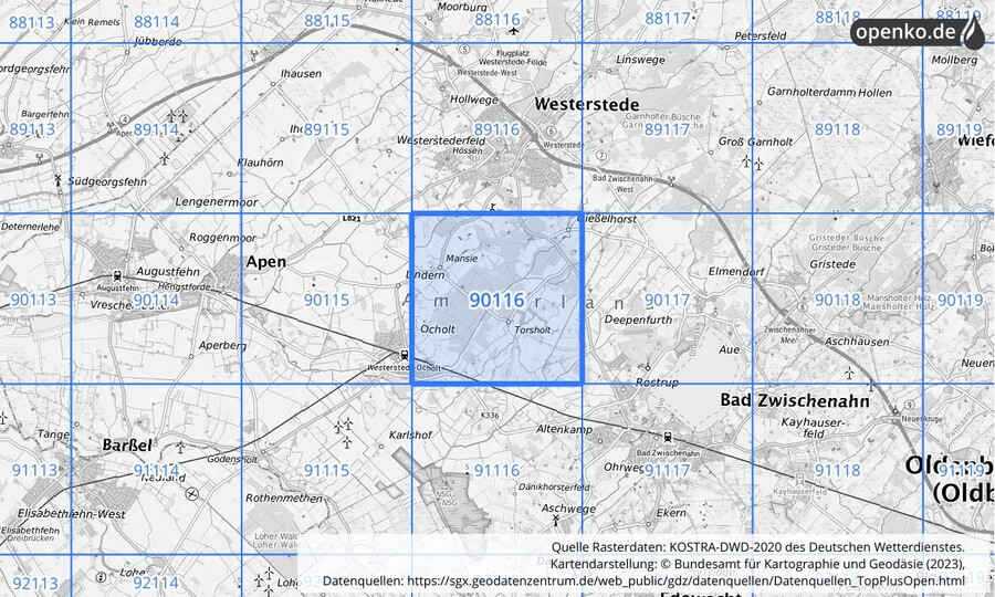 Übersichtskarte des KOSTRA-DWD-2020-Rasterfeldes Nr. 90116