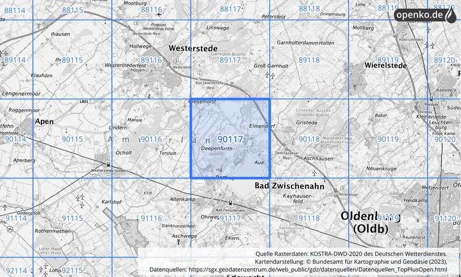 Übersichtskarte des KOSTRA-DWD-2020-Rasterfeldes Nr. 90117