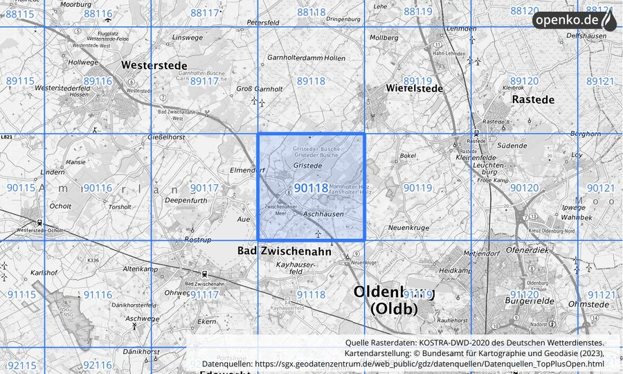 Übersichtskarte des KOSTRA-DWD-2020-Rasterfeldes Nr. 90118