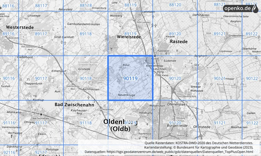 Übersichtskarte des KOSTRA-DWD-2020-Rasterfeldes Nr. 90119