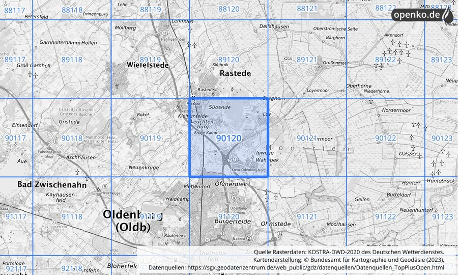 Übersichtskarte des KOSTRA-DWD-2020-Rasterfeldes Nr. 90120