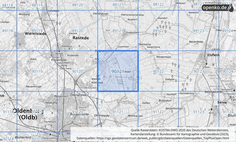 Übersichtskarte des KOSTRA-DWD-2020-Rasterfeldes Nr. 90121