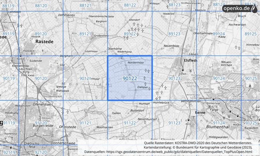 Übersichtskarte des KOSTRA-DWD-2020-Rasterfeldes Nr. 90122