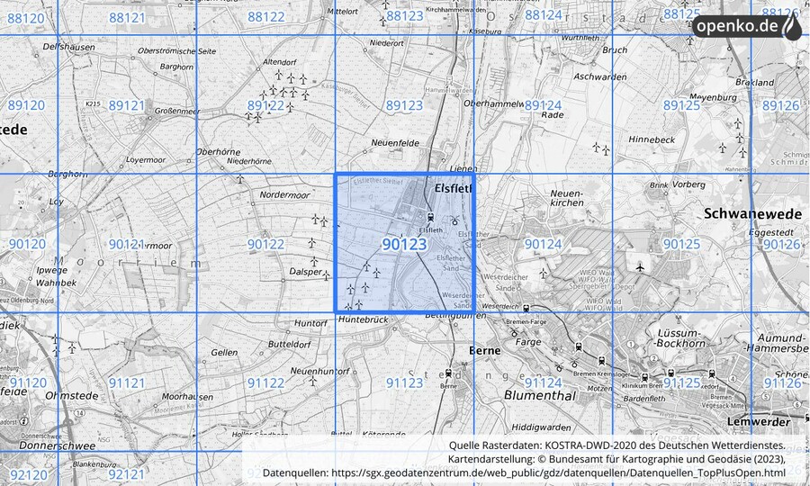 Übersichtskarte des KOSTRA-DWD-2020-Rasterfeldes Nr. 90123