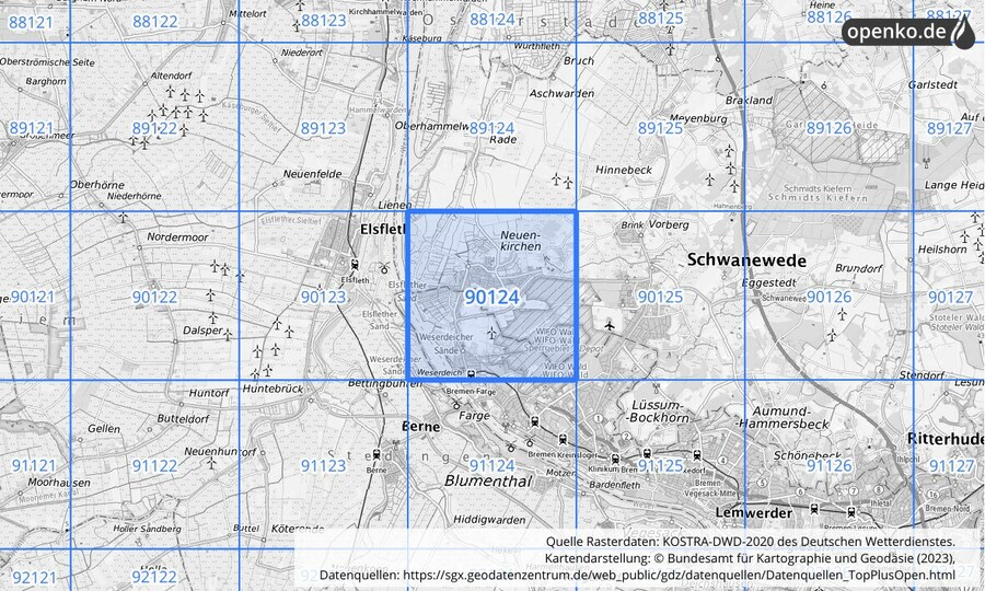 Übersichtskarte des KOSTRA-DWD-2020-Rasterfeldes Nr. 90124