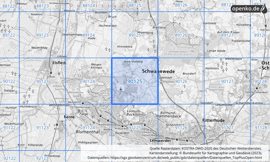 Übersichtskarte des KOSTRA-DWD-2020-Rasterfeldes Nr. 90125