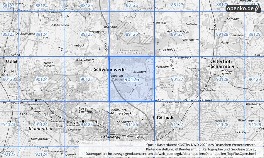 Übersichtskarte des KOSTRA-DWD-2020-Rasterfeldes Nr. 90126