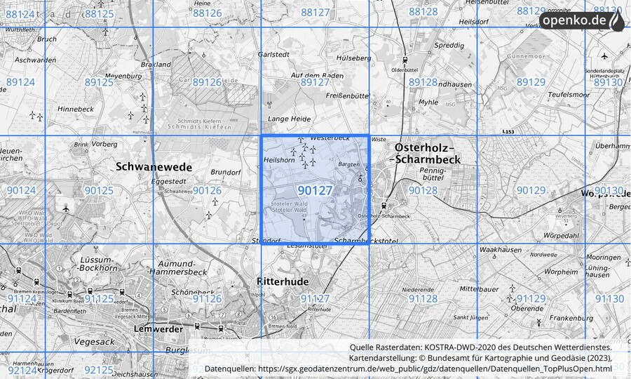 Übersichtskarte des KOSTRA-DWD-2020-Rasterfeldes Nr. 90127