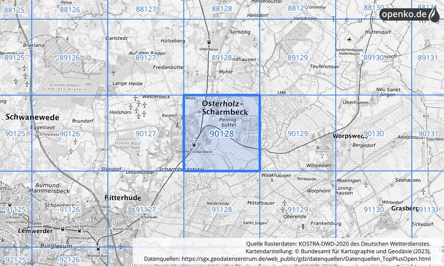 Übersichtskarte des KOSTRA-DWD-2020-Rasterfeldes Nr. 90128