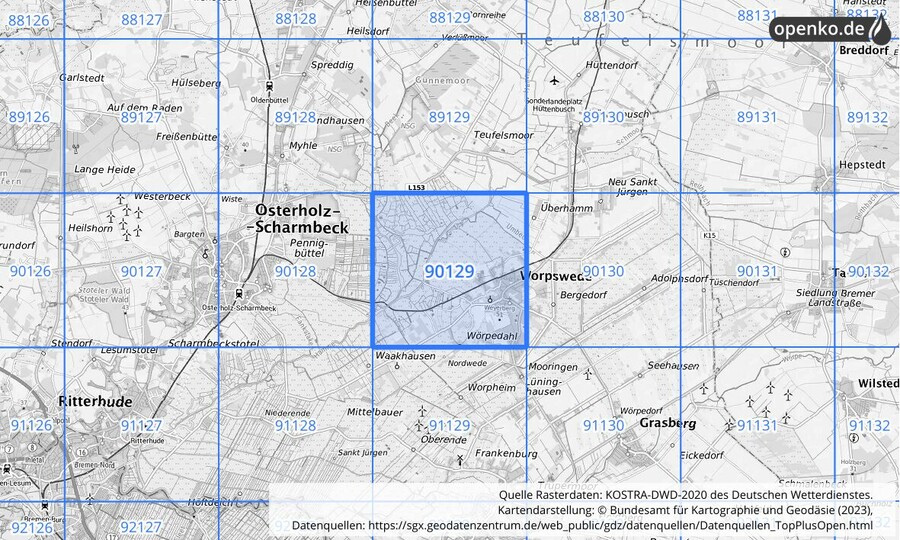 Übersichtskarte des KOSTRA-DWD-2020-Rasterfeldes Nr. 90129