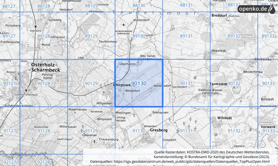 Übersichtskarte des KOSTRA-DWD-2020-Rasterfeldes Nr. 90130