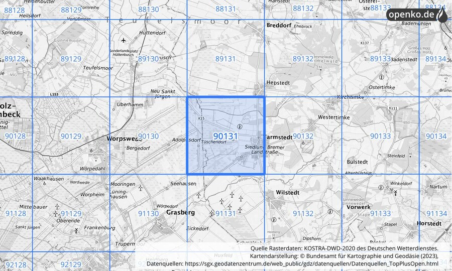 Übersichtskarte des KOSTRA-DWD-2020-Rasterfeldes Nr. 90131