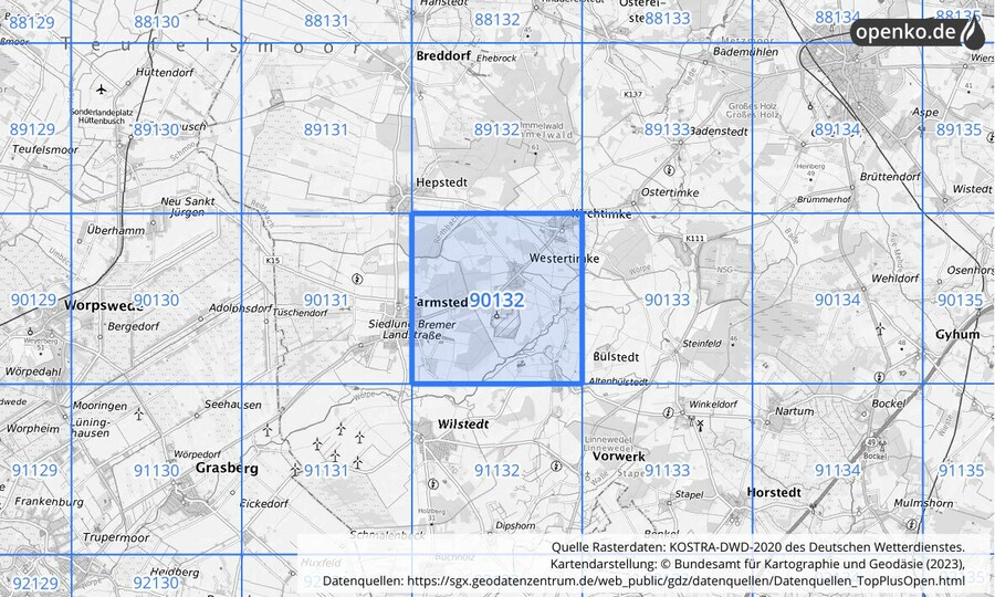 Übersichtskarte des KOSTRA-DWD-2020-Rasterfeldes Nr. 90132