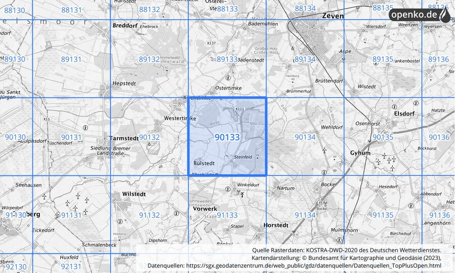 Übersichtskarte des KOSTRA-DWD-2020-Rasterfeldes Nr. 90133