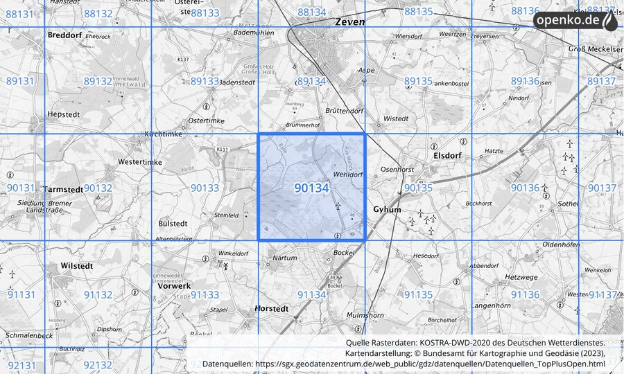 Übersichtskarte des KOSTRA-DWD-2020-Rasterfeldes Nr. 90134