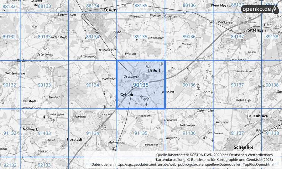 Übersichtskarte des KOSTRA-DWD-2020-Rasterfeldes Nr. 90135