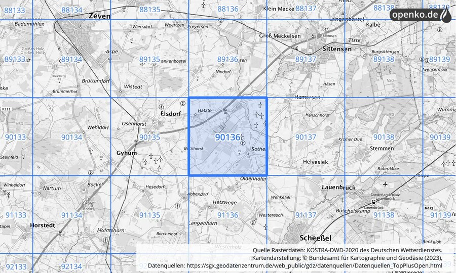 Übersichtskarte des KOSTRA-DWD-2020-Rasterfeldes Nr. 90136