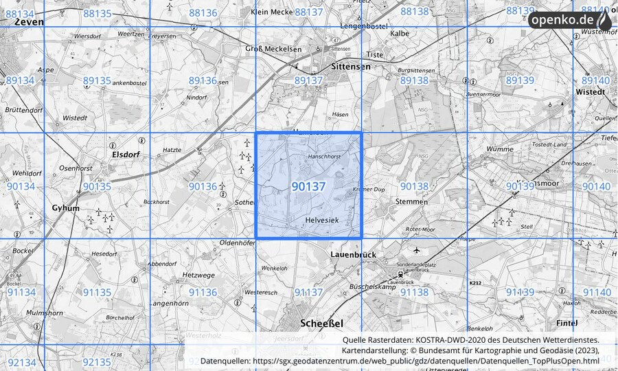 Übersichtskarte des KOSTRA-DWD-2020-Rasterfeldes Nr. 90137