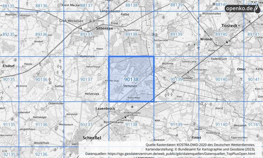 Übersichtskarte des KOSTRA-DWD-2020-Rasterfeldes Nr. 90138