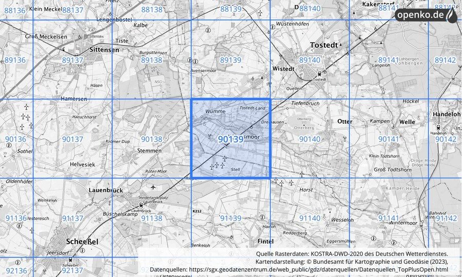 Übersichtskarte des KOSTRA-DWD-2020-Rasterfeldes Nr. 90139