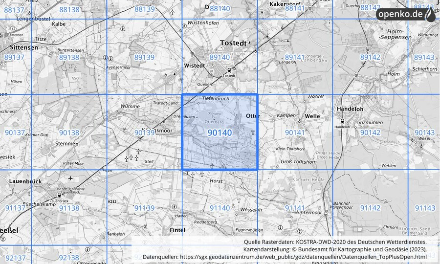 Übersichtskarte des KOSTRA-DWD-2020-Rasterfeldes Nr. 90140