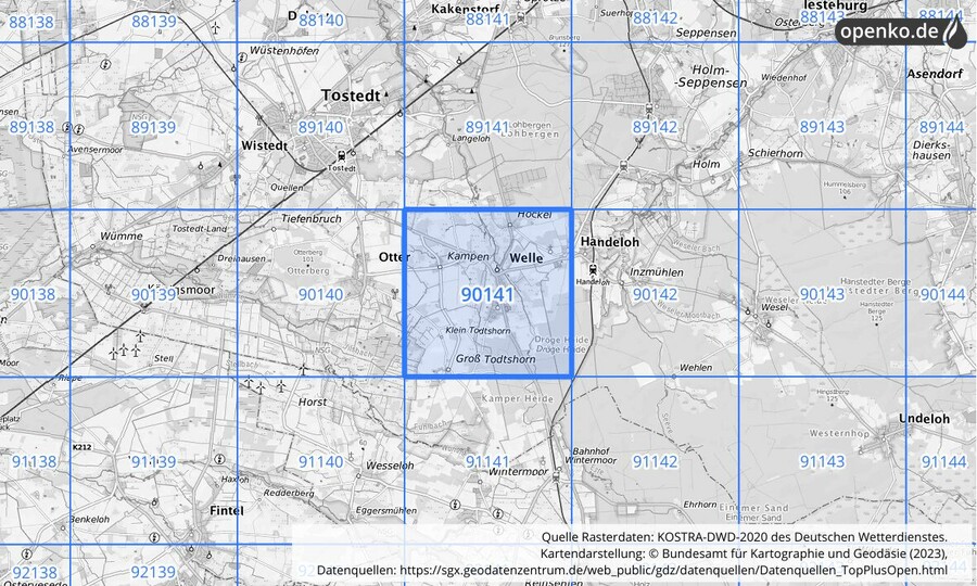 Übersichtskarte des KOSTRA-DWD-2020-Rasterfeldes Nr. 90141