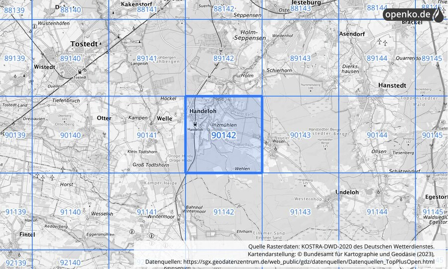 Übersichtskarte des KOSTRA-DWD-2020-Rasterfeldes Nr. 90142