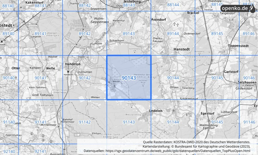 Übersichtskarte des KOSTRA-DWD-2020-Rasterfeldes Nr. 90143