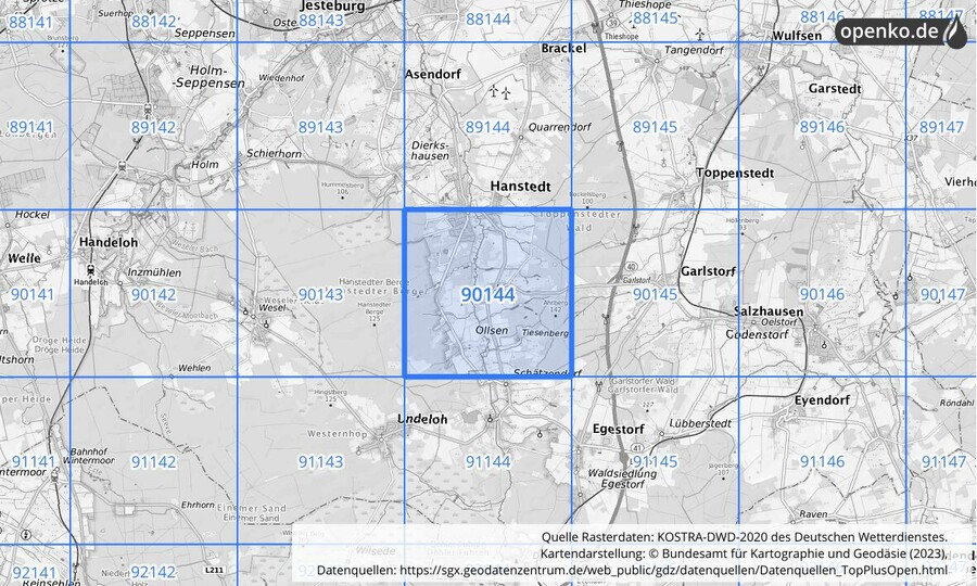 Übersichtskarte des KOSTRA-DWD-2020-Rasterfeldes Nr. 90144