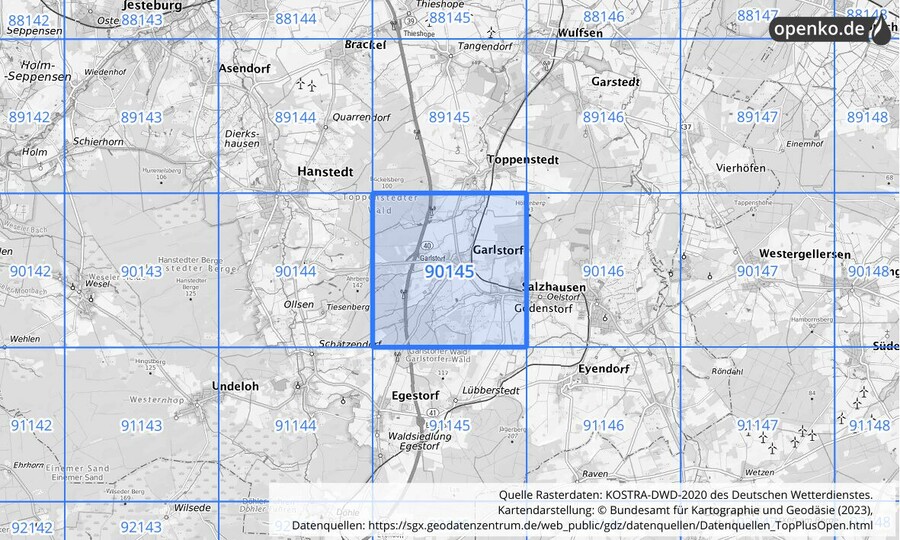 Übersichtskarte des KOSTRA-DWD-2020-Rasterfeldes Nr. 90145