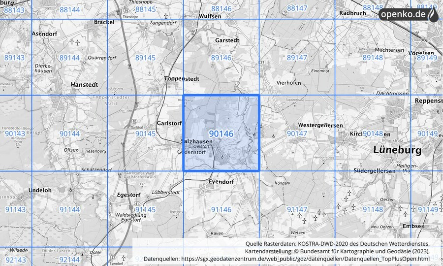 Übersichtskarte des KOSTRA-DWD-2020-Rasterfeldes Nr. 90146