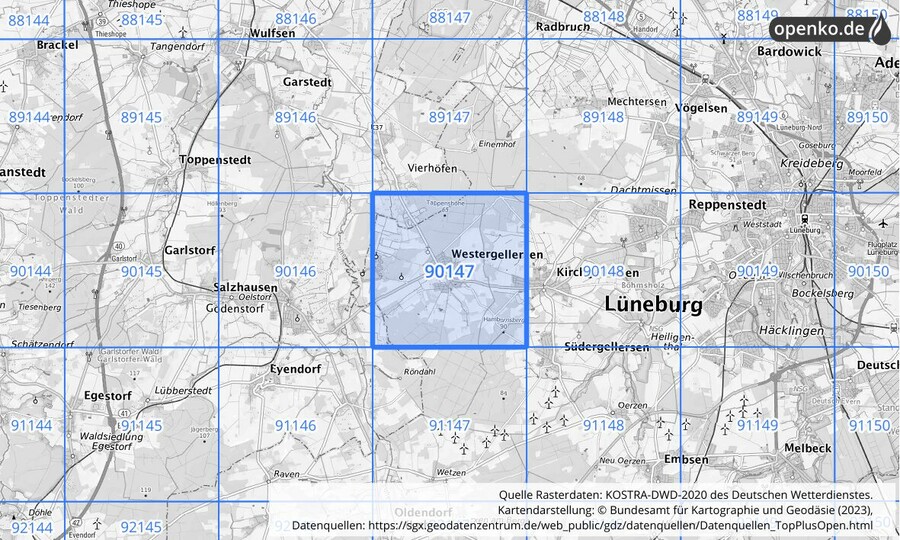 Übersichtskarte des KOSTRA-DWD-2020-Rasterfeldes Nr. 90147