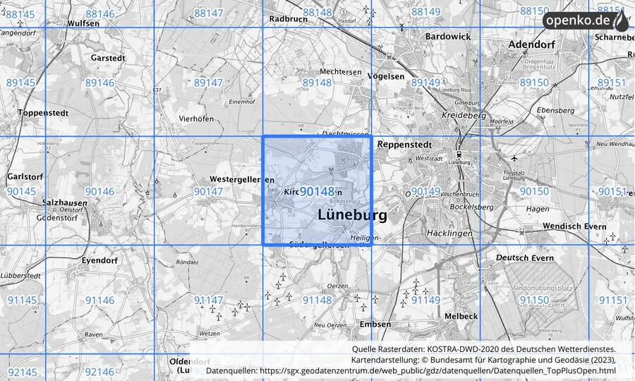 Übersichtskarte des KOSTRA-DWD-2020-Rasterfeldes Nr. 90148