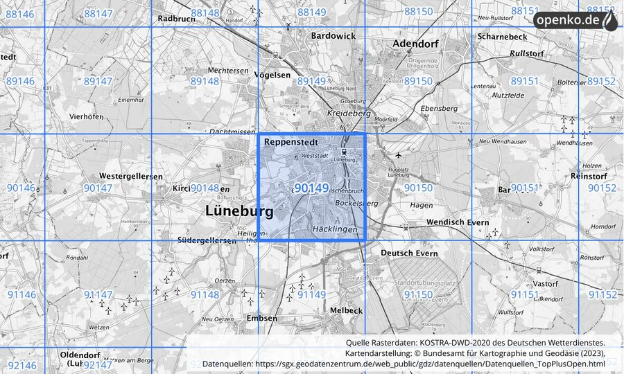 Übersichtskarte des KOSTRA-DWD-2020-Rasterfeldes Nr. 90149