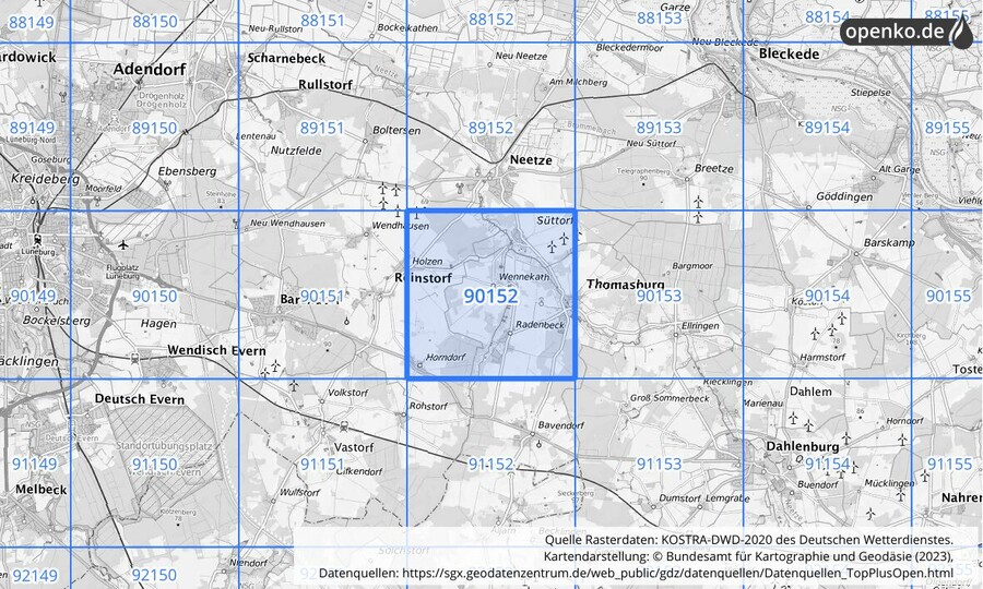 Übersichtskarte des KOSTRA-DWD-2020-Rasterfeldes Nr. 90152