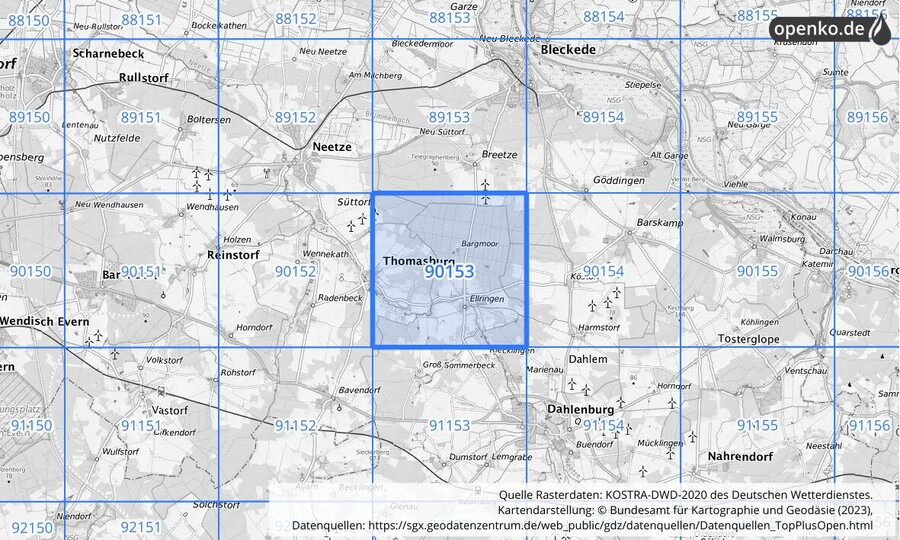 Übersichtskarte des KOSTRA-DWD-2020-Rasterfeldes Nr. 90153