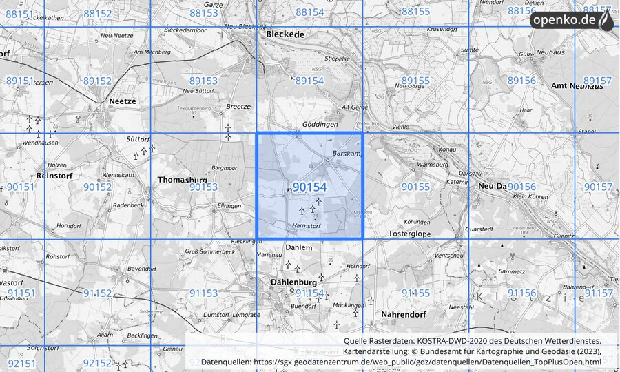 Übersichtskarte des KOSTRA-DWD-2020-Rasterfeldes Nr. 90154